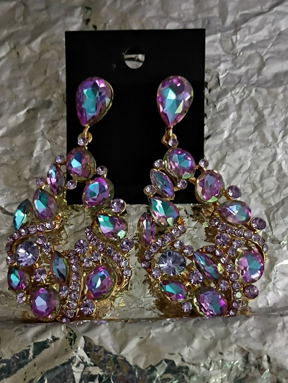 Iridescent Purple Teardrop Crystal Statement Earrings - Women Jewelry